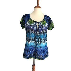 Chaundry KC Scoop Tie Neck Shirt Sz Small Green Blue Teal Peacock w/Sequins Top